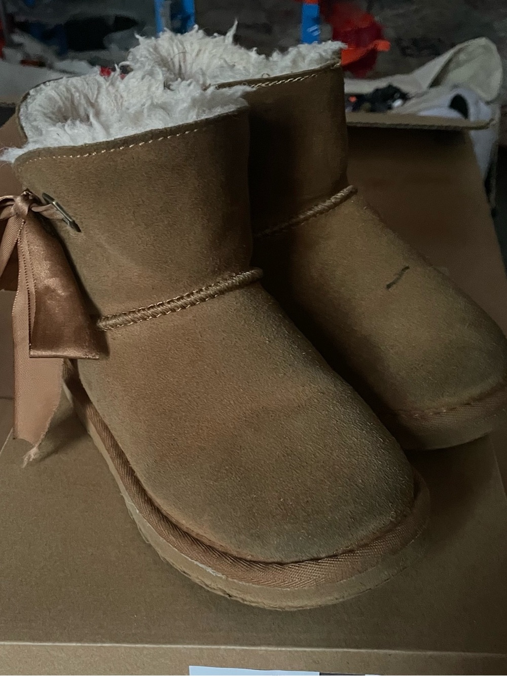 BearPaw Kids Tan Suede Winter Boot with Bow Accent